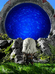 Geralt (witcher 3) standing in front of an active stargate