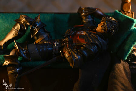 clive (final fantasy 16) sleeping on Cid's couch, his eyes photo edited closed
