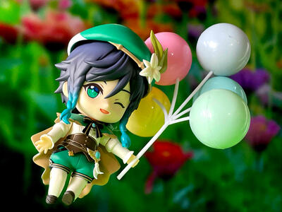 Venti (genshin impact) flying with colourful balloons