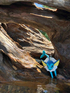 Vaporeon (pokemon) on driftwood and crawling into the water