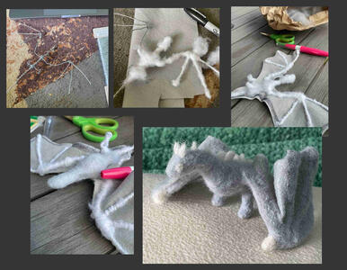 progress shots collage of a poseable felt dragon