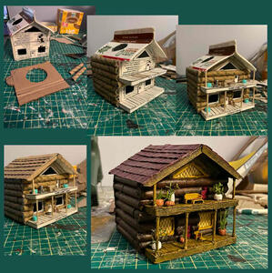 progress shots collage of making a miniature log cabin